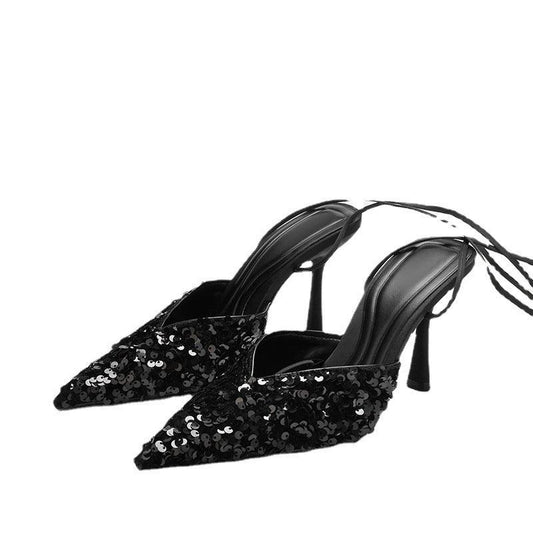 Black Sequined Stiletto Strap Toe Pointed Strappy Toe Shoes