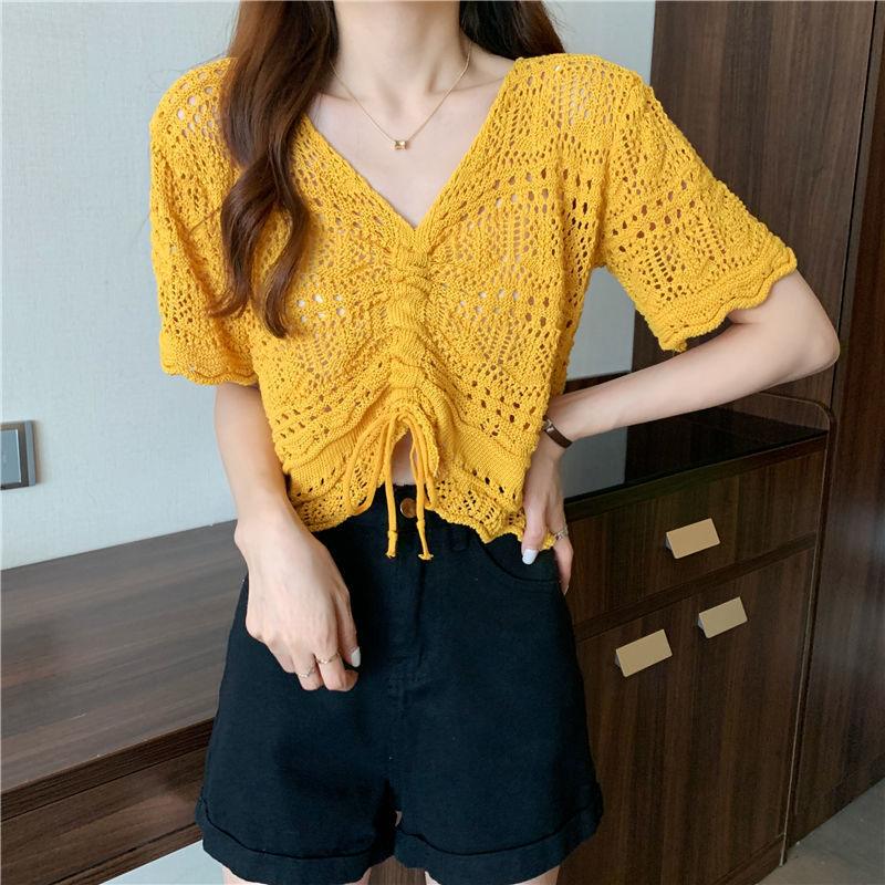 Drawstring V Neck Short Sweater