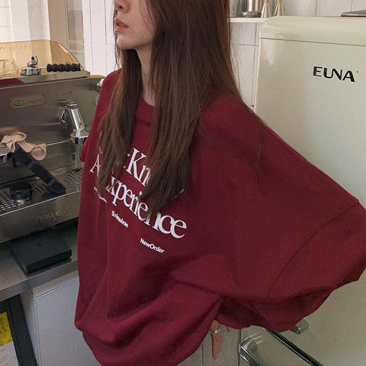 Fleece-lined Loose-fitting Casual Pullover Fall Winter Coat Vintage Round Neck Long Sleeve Bottoming Shirt Top