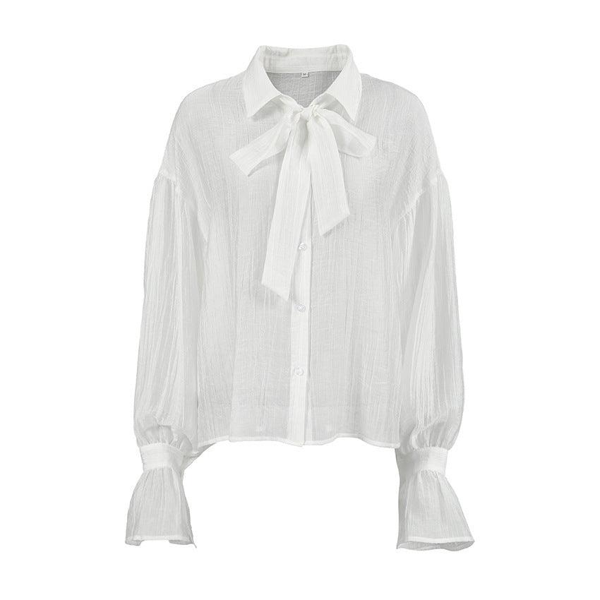 Bow Tie See-through Crepe Bell Sleeve Shirt