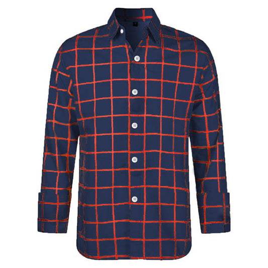 Men's Printed Four-sided Elastic Loose British-style Long-sleeved Lapel Plaid Shirt