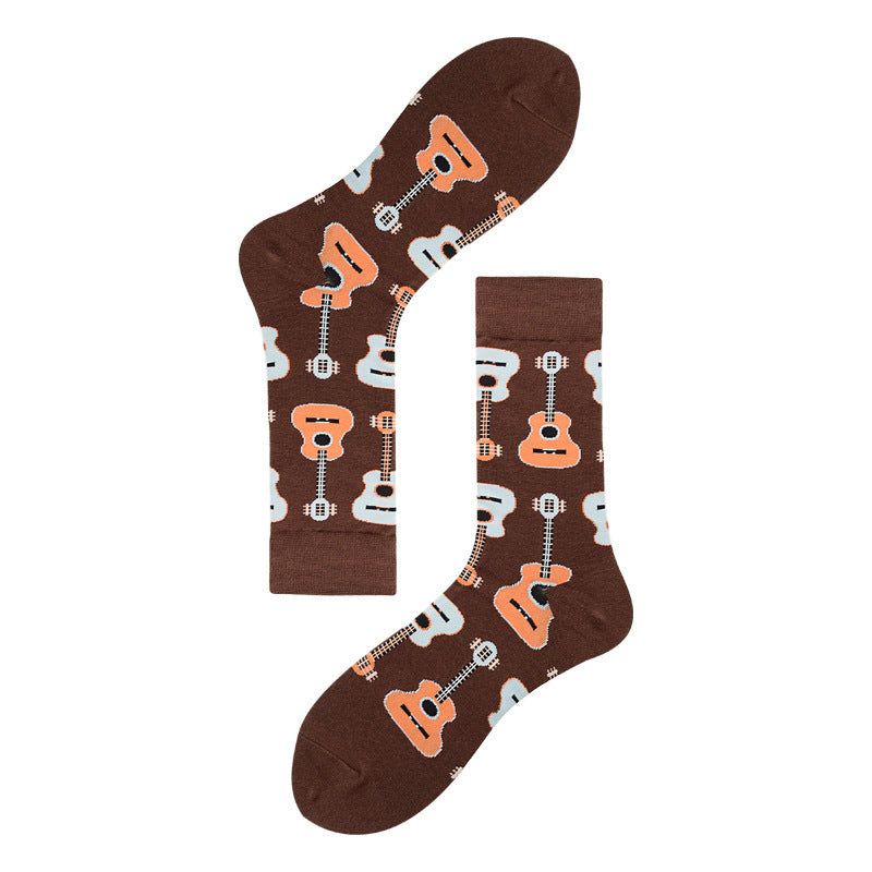 Men's Mid-calf Colorful Cubic Guitar Cat Face Cotton Socks