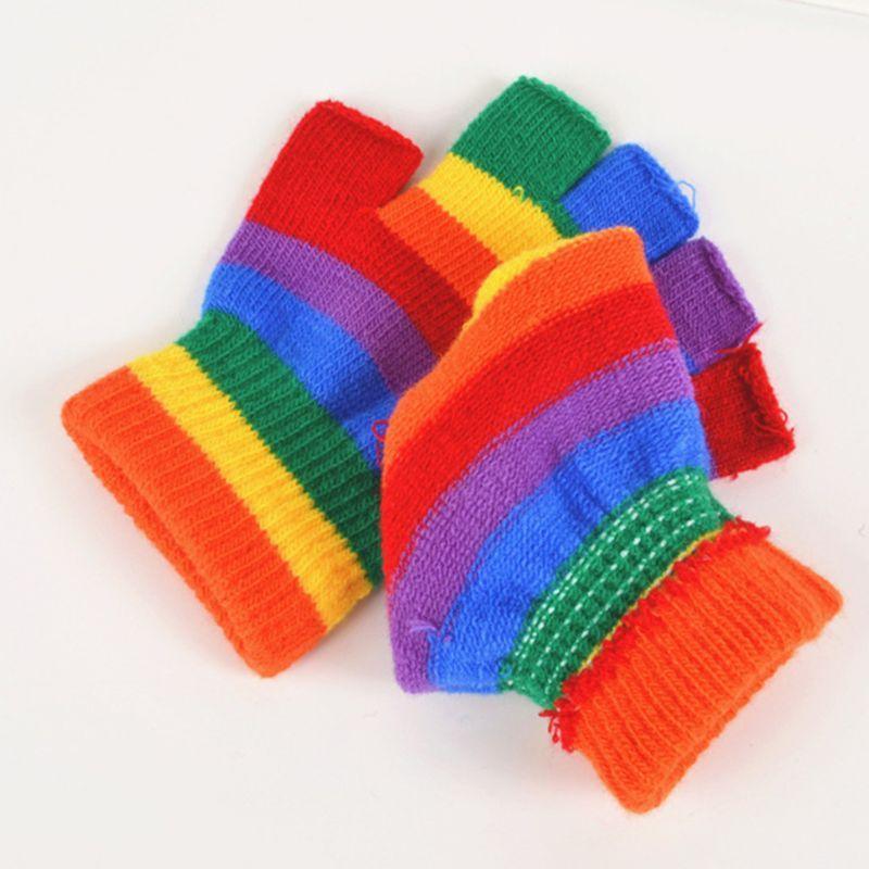 AdultRainbow Striped Gloves Fingerless Half Finger Gloves