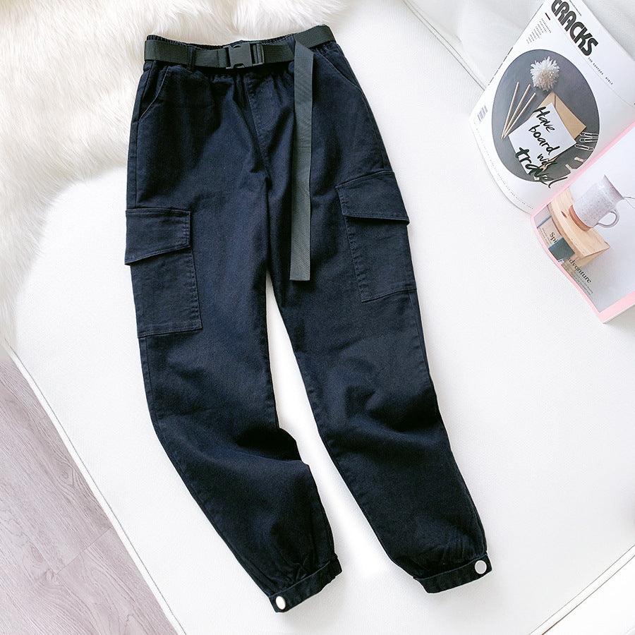 Multi-pocket pants high-waist straight-leg pants
