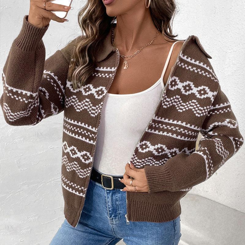 Jacquard Weave Zip Cardigan Lapel Sweater