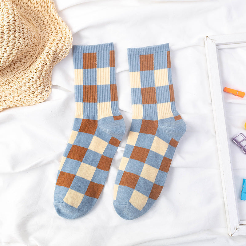 Blue And Yellow Plaid Socks British Style Striped Tube Socks