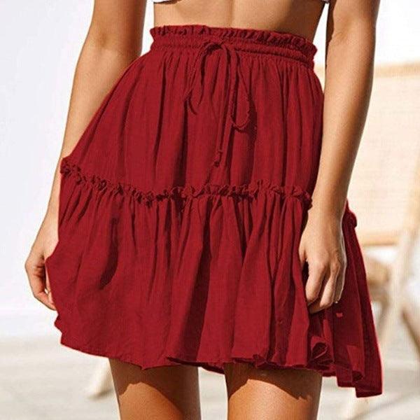Retro Drawstring Casual Ruffled Beach Skirt