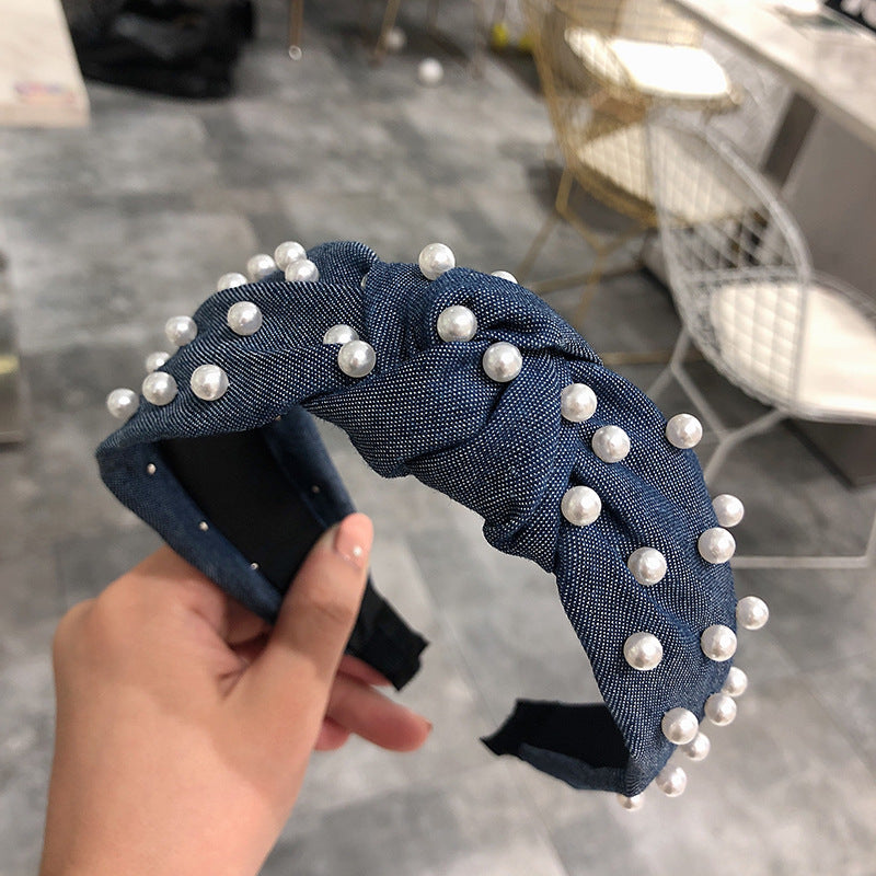 Pearl Style Headband Fashionable Middle Knotted Headdress Hairpin Denim