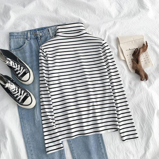 New Spring, Autumn And Winter Black Striped Bottoming Shirt Tops High-Necked Inner Wear Plus Velvet Thickening Bottoming Shirt Women