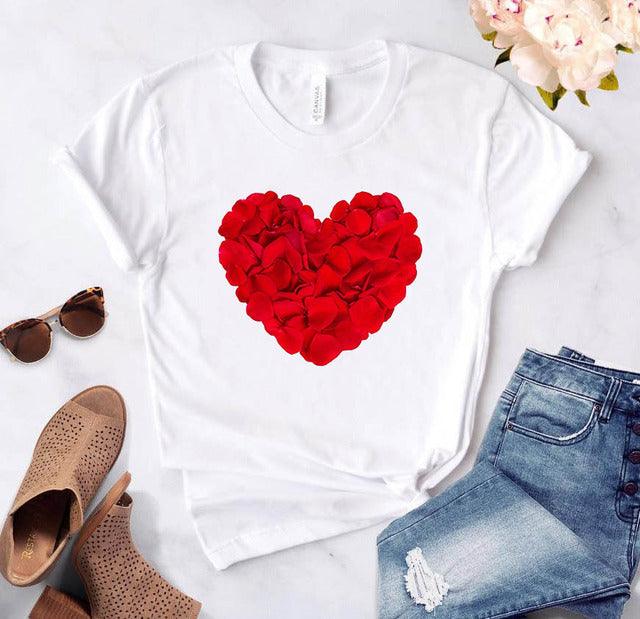 Women's Heart-shaped Flower Print Round Neck Short Sleeve