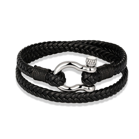 Navy Anchor Chain Genuine Leather Vachette Clasp Woven Leather Bracelet