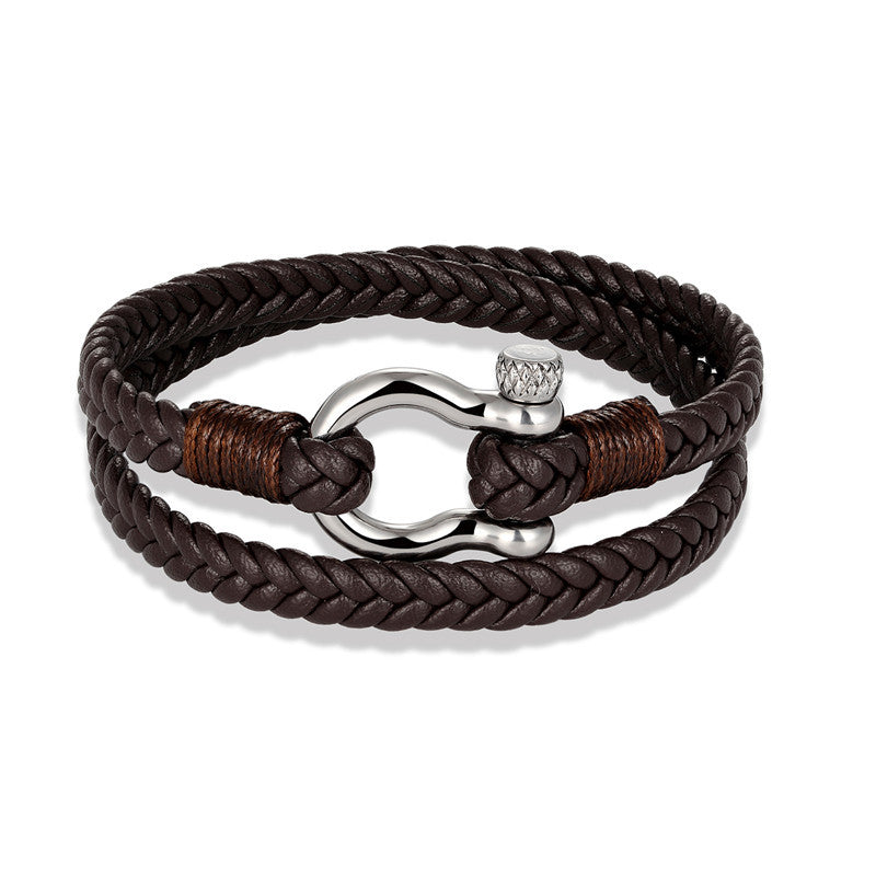 Navy Anchor Chain Genuine Leather Vachette Clasp Woven Leather Bracelet