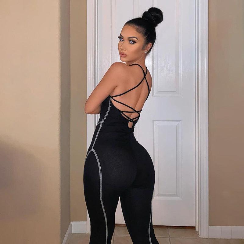 Sling jumpsuit straps back hips integrated pants