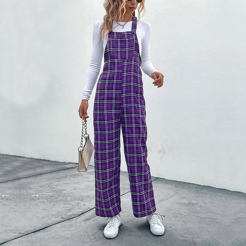 Plaid Spaghetti Straps Casual Jumpsuit Women's Clothing