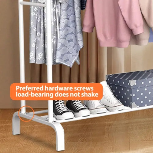 Multifunctional Coat Clothing Double Rod Hanger With Shelf Freestanding White