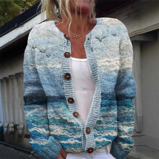 3D Digital Printing Cardigan Knitted Coat Imitation Sweaters Women's Clothing