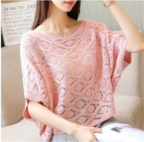 Pullover T-shirt Women Loose Openwork Knitted Top Short Sleeve Thin Blouse
