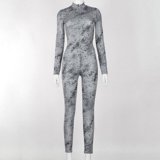 Women's Winter New Round Stand-up Collar Buttocks Slim-fit Chest Zipper Cool Print Jumpsuit