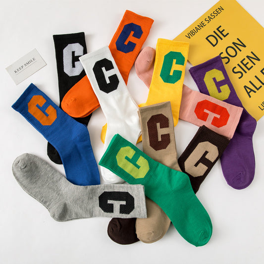 Medium Ins Fashion Brand Women's Stockings Large C Letters Women's Color Cotton Socks