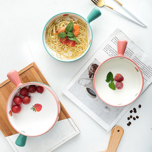 Hand Painted Strawberry Handle Ceramic Baking Bowl