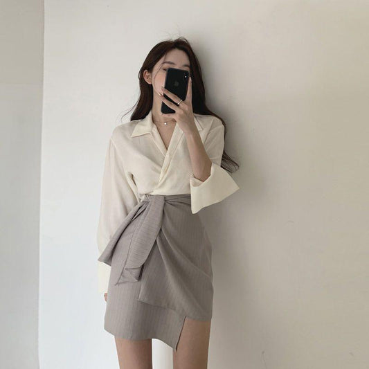 Women's Shirt Fashion High Waist A- Line Skirt Slimming Two-piece Suit