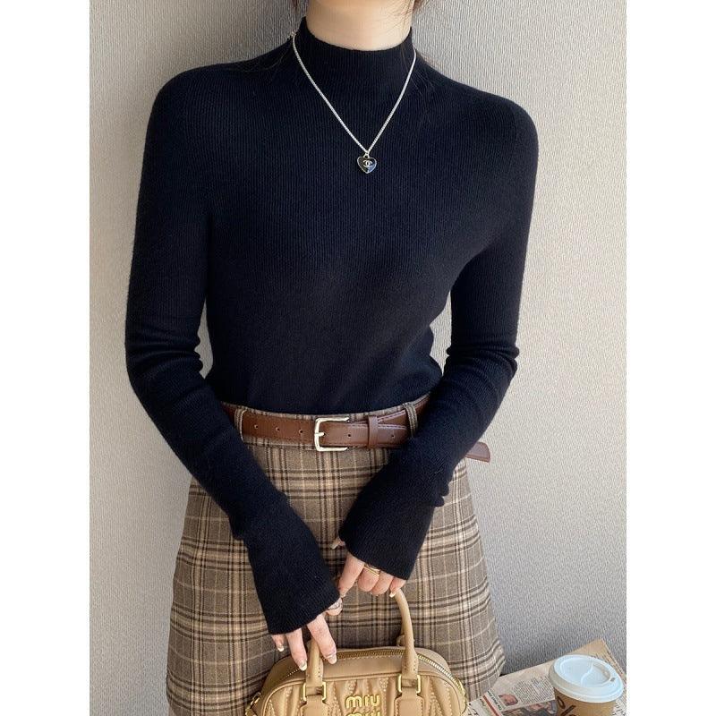 Inner High-grade Gray Mock Neck Sweater Mid-collar Knitted Top