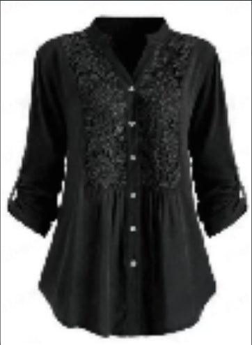 Women's Long Sleeve V-Neck Shirt Plus Size Lace Shirt