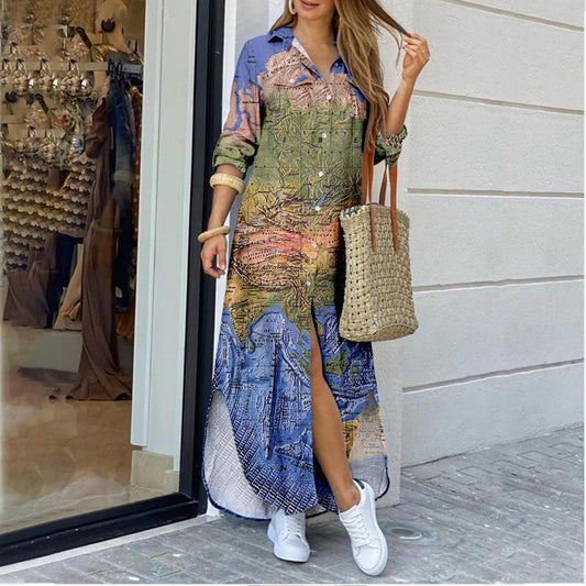 Women's Map Digital Printing Fashion Shirtdress