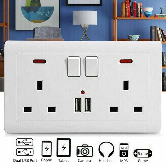 Double Wall Plug Socket 2 Gang 13A W 2 Charger USB Outlets Flat UK