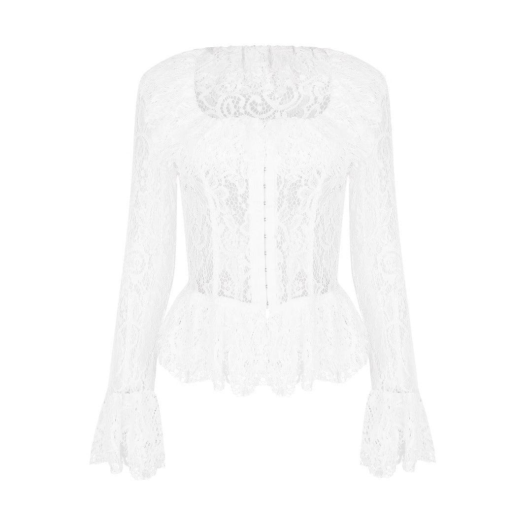 Women's White Lace Long-sleeved Square-neck Top