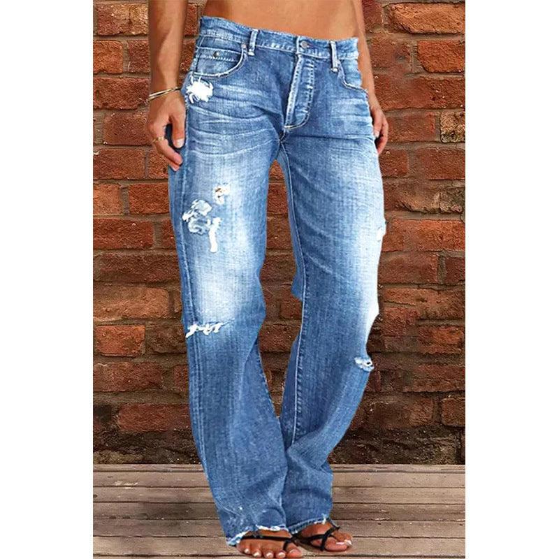 Women's Denim Trend Mid Waist Ripped Leisure Straight-leg Pants