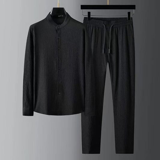 Casual Light Thin Suit Men's Summer Seersucker Striped Pleated Stand Collar Men's Shirt