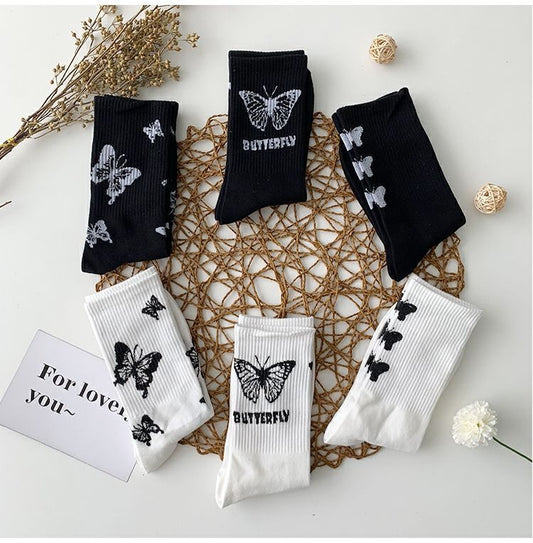 Butterfly Women's Tube Socks Hot Style Black And White Cartoon