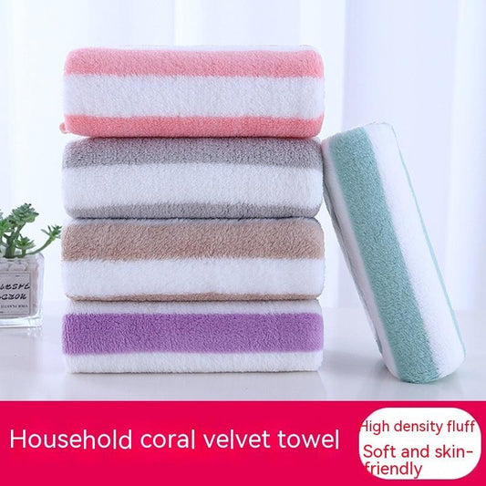 Coral Fleece Wide Striped Edge Soft Absorbent Thickening Lint-free Face Washing At Home Towels