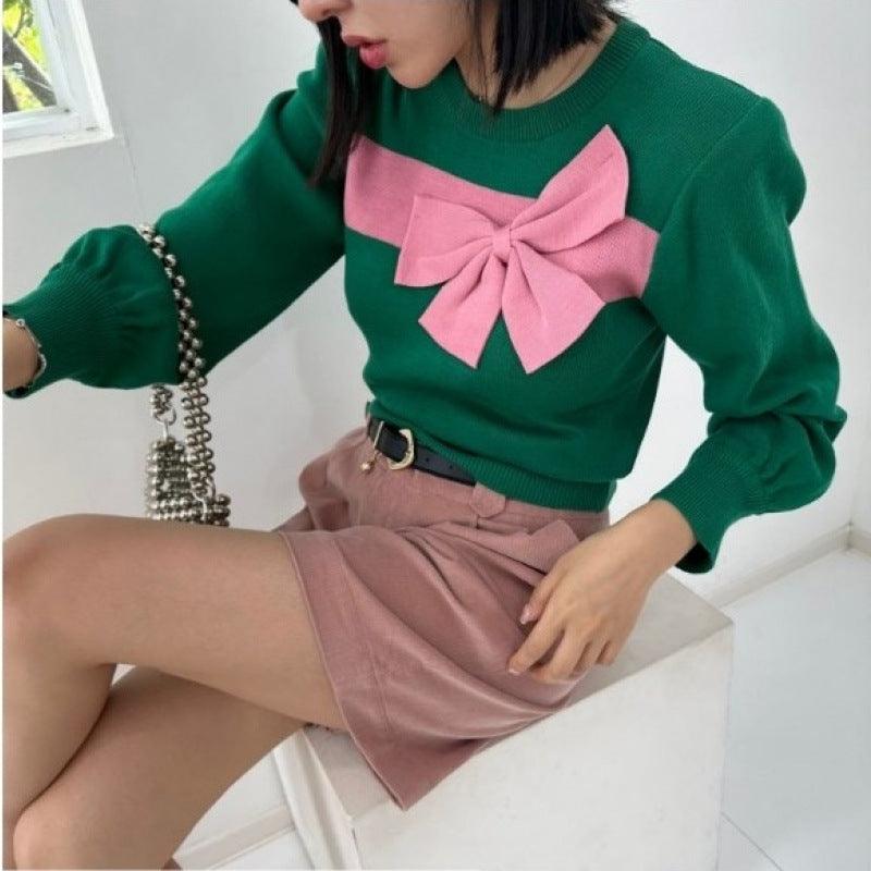 South Korea Contrast Color Sweet Big Bow Knitted Sweater