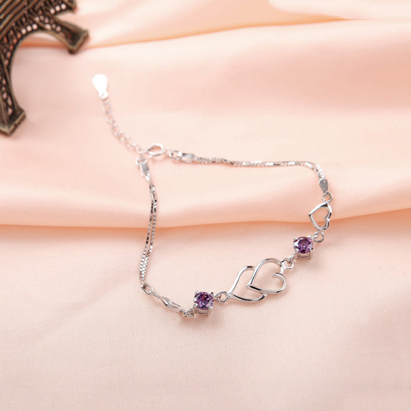 White Copper Silver-plated Heart-shaped Bracelet Heart-to-heart Diamond