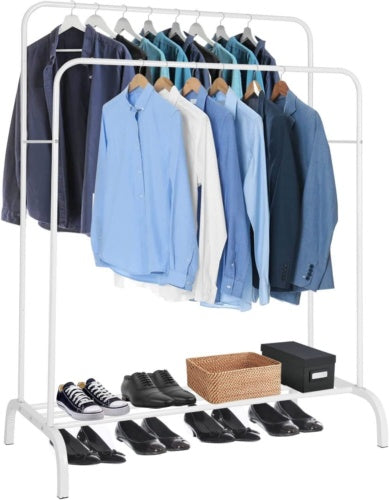 Multifunctional Coat Clothing Double Rod Hanger With Shelf Freestanding White