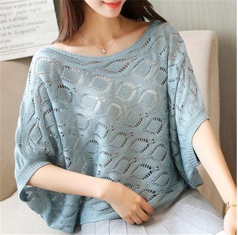 Pullover T-shirt Women Loose Openwork Knitted Top Short Sleeve Thin Blouse