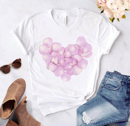 Women's Heart-shaped Flower Print Round Neck Short Sleeve