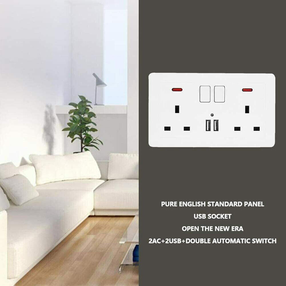 Double Wall Plug Socket 2 Gang 13A W 2 Charger USB Outlets Flat UK