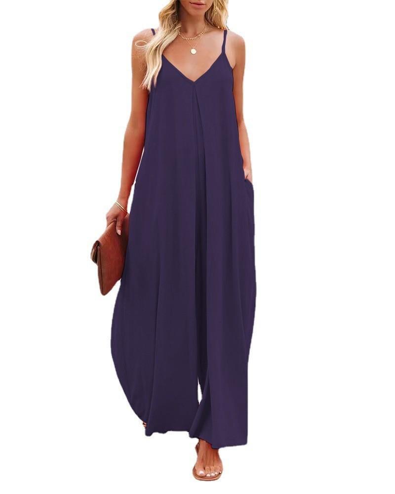 Women's Sling Wide-leg Pants Solid Color Pocket Casual Jumpsuit