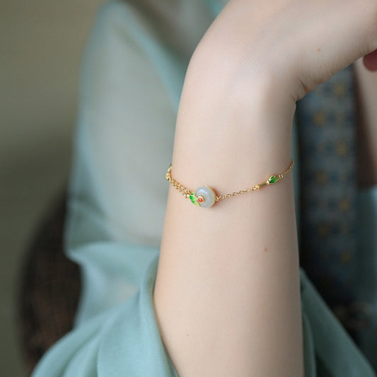 Ancient Gold Inlaid Hetian Jade Peace Buckle Enamel Painted Craft Fairy Retro Style Light Luxury High-grade Bracelet