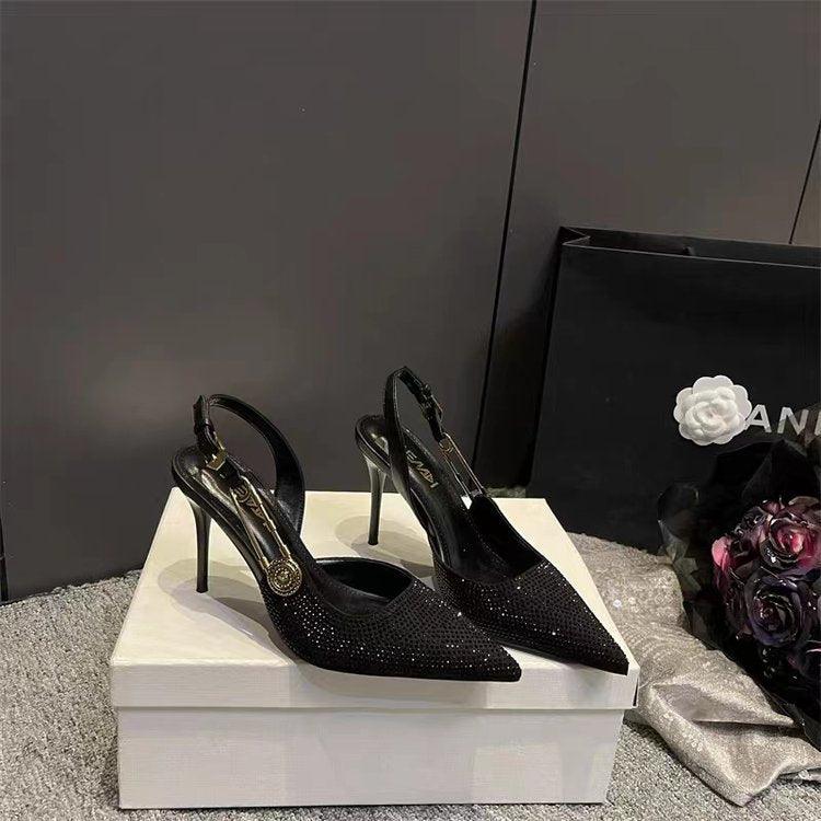 Pointed Toe Stiletto Rhinestone Patent Leather Closed Toe Hollow High Heels