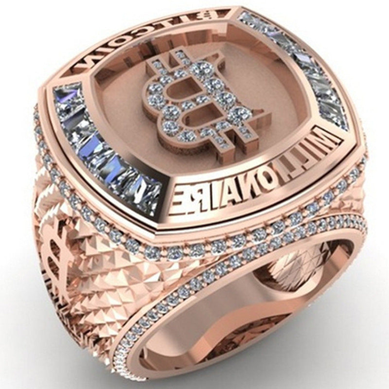 Letter-shaped Electroplated Rose Gold White Diamond Ring Men's Ornament
