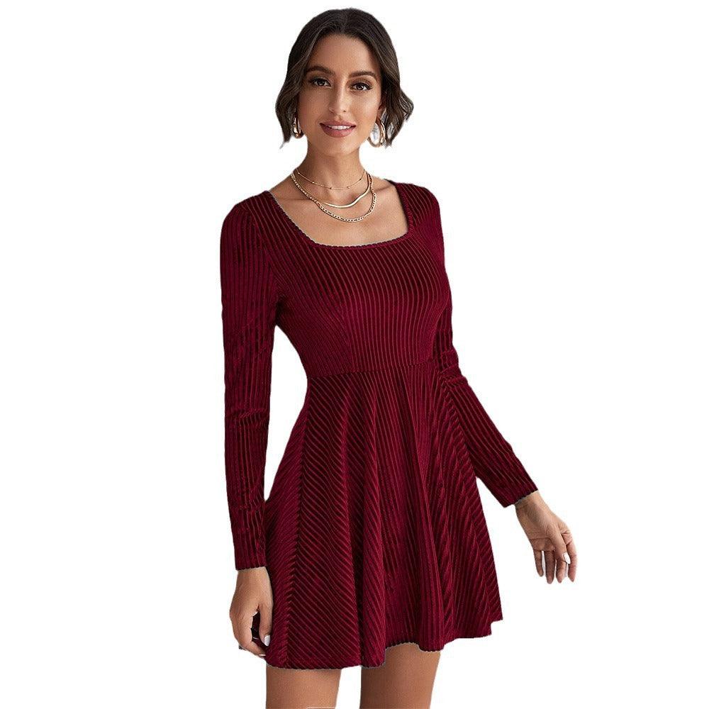 Waist-controlled Large Hem Temperament Long Sleeve Party Velvet Dress