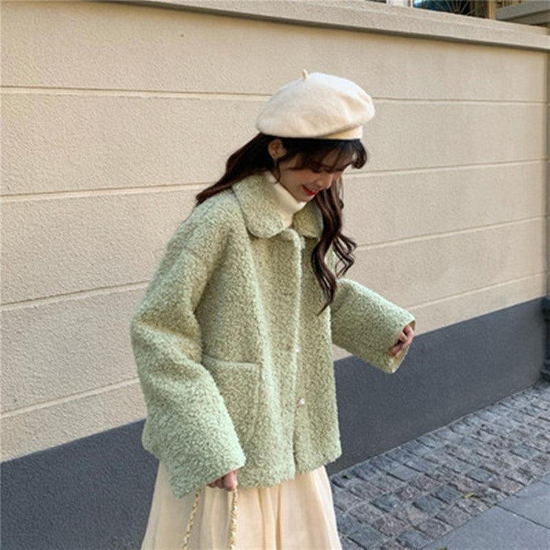 Loose POLO Collar Western Style Reduced Age Plus Fleece Thick Long Sleeve Jacket