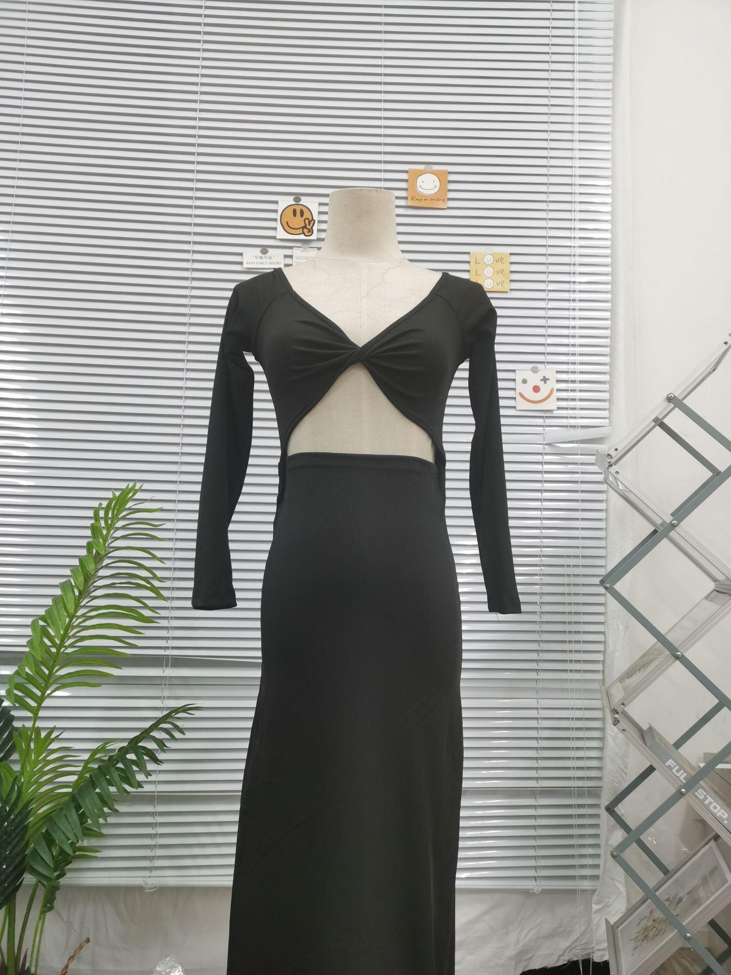 Solid Color Long Sleeve Elegant Slim Fit Hollow Backless Two-way Wear Dress