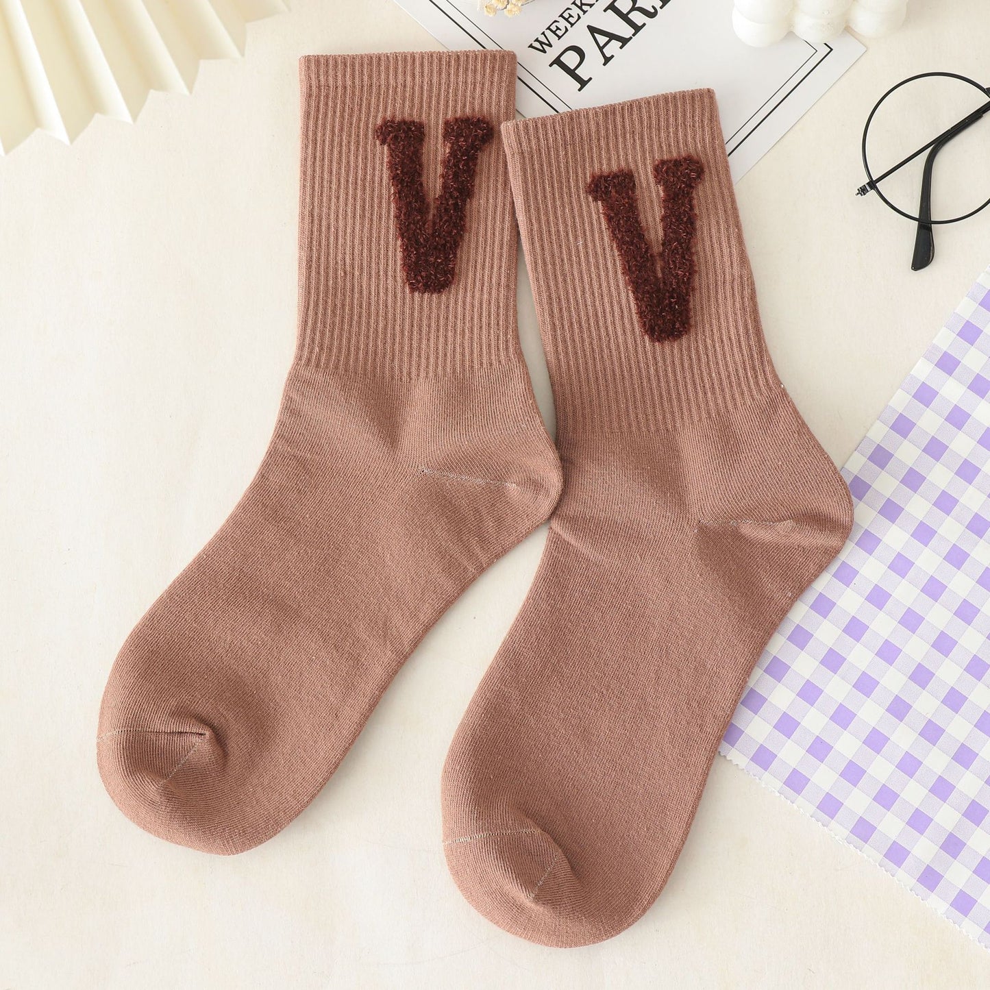 Women's Long Letter Simplicity Feather Yarn Socks