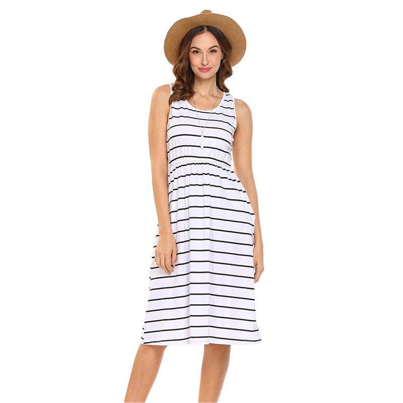 Striped Sleeveless Pocket Vest Sexy Dress