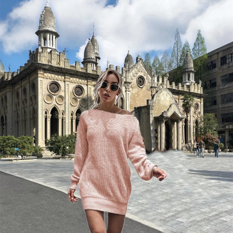 Women's Casual Off-the-shoulder Lantern Sleeve Knitted Sweater Dress